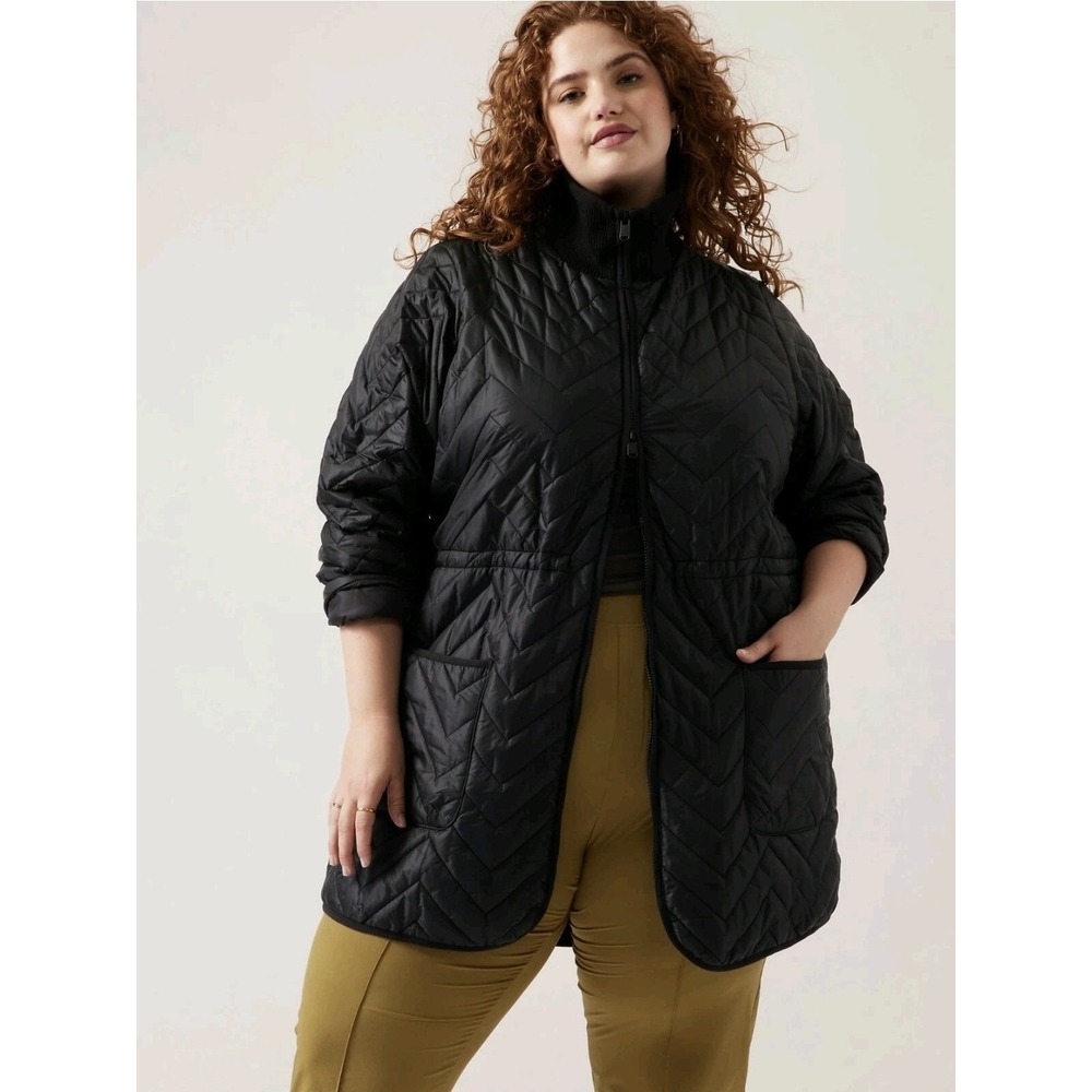 Athleta Mendocino Quilted Coat Jacket Black Size M Longline Ribbed Collar